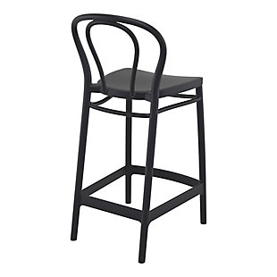The classic design of the Victor outdoor counter stool seamlessly transitions from indoor to outdoor use. Made from polypropylene resin with gas injection molded legs, this set of two stools is perfect for heavy-use areas.Set of 2 | Made from commercial-grade resin polypropylene | Black | Resistant to sunlight, chlorine, salt, stains and suntan oils | Easy to keep clean | Stackable for easy storage | Extremely durable; perfect for heavy use in any indoor or outdoor areas | Assembly required