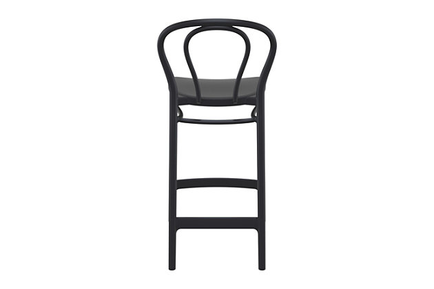 The classic design of the Victor outdoor counter stool seamlessly transitions from indoor to outdoor use. Made from polypropylene resin with gas injection molded legs, this set of two stools is perfect for heavy-use areas.Set of 2 | Made from commercial-grade resin polypropylene | Black | Resistant to sunlight, chlorine, salt, stains and suntan oils | Easy to keep clean | Stackable for easy storage | Extremely durable; perfect for heavy use in any indoor or outdoor areas | Assembly required