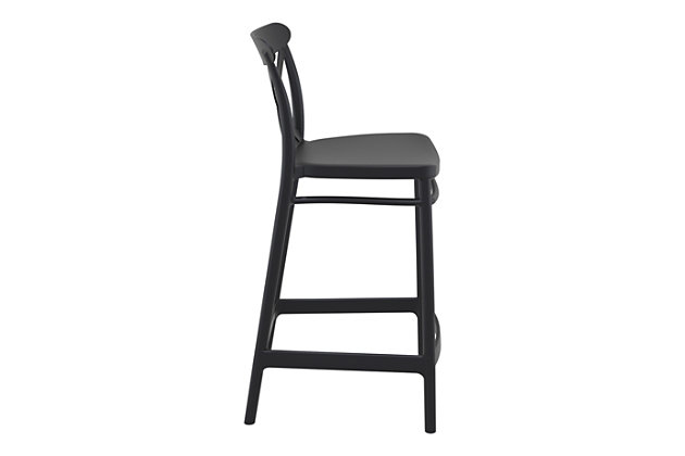 The Cross outdoor counter stool sports a classic design that smoothly blends with a variety of styles. Made from polypropylene resin with gas injection molded legs, this chair is suitable for indoors and outdoors. The relaxed linear design of the chair is suitable for restaurants, cafes and hotels. Comes in a set of two.Set of 2 | Made from commercial-grade resin polypropylene | Black | Resistant to sunlight, chlorine, salt, stains and suntan oils | Easy to keep clean | Stackable for easy storage | Extremely durable; perfect for heavy use in any indoor or outdoor areas | Assembly required