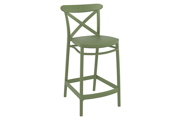 The Cross outdoor counter stool sports a classic design that smoothly blends with a variety of styles. Made from polypropylene resin with gas injection molded legs, this chair is suitable for indoors and outdoors. The relaxed linear design of the chair is suitable for restaurants, cafes and hotels. Comes in a set of two.Set of 2 | Made from commercial-grade resin polypropylene | Olive green | Resistant to sunlight, chlorine, salt, stains and suntan oils | Easy to keep clean | Stackable for easy storage | Extremely durable; perfect for heavy use in any indoor or outdoor areas | Assembly required