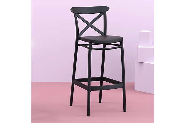 The Cross outdoor bar stool sports a classic design that smoothly blends with a variety of styles. Made from polypropylene resin with gas injection molded legs, this stool is suitable for indoors and outdoors. The relaxed linear design of the chair is suitable for restaurants, cafes and hotels. Comes in a set of two.Set of 2 | Made from commercial-grade resin polypropylene | Black | Resistant to sunlight, chlorine, salt, stains and suntan oils | Easy to keep clean | Stackable for easy storage | Extremely durable; perfect for heavy use in any indoor or outdoor areas | Assembly required