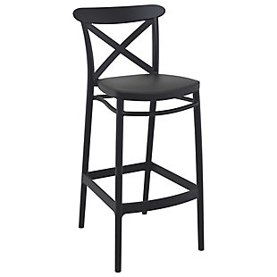 The Cross outdoor bar stool sports a classic design that smoothly blends with a variety of styles. Made from polypropylene resin with gas injection molded legs, this stool is suitable for indoors and outdoors. The relaxed linear design of the chair is suitable for restaurants, cafes and hotels. Comes in a set of two.Set of 2 | Made from commercial-grade resin polypropylene | Black | Resistant to sunlight, chlorine, salt, stains and suntan oils | Easy to keep clean | Stackable for easy storage | Extremely durable; perfect for heavy use in any indoor or outdoor areas | Assembly required