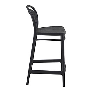 Suitable for indoor and outdoor use, the Marcel counter stool features a classic design that adds the finishing touch to your space. Made from polypropylene resin with gas injection molded legs, this functional favorite is perfect for heavy-use areas. Comes in a set of two.Set of 2 | Made from commercial-grade resin polypropylene | Black | Resistant to sunlight, chlorine, salt, stains and suntan oils | Easy to keep clean | Stackable for easy storage | Extremely durable; perfect for heavy use in any indoor or outdoor areas | Assembly required