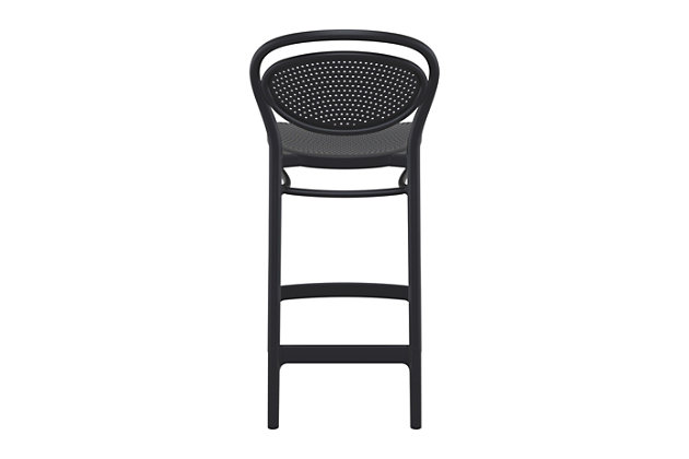 Suitable for indoor and outdoor use, the Marcel counter stool features a classic design that adds the finishing touch to your space. Made from polypropylene resin with gas injection molded legs, this functional favorite is perfect for heavy-use areas. Comes in a set of two.Set of 2 | Made from commercial-grade resin polypropylene | Black | Resistant to sunlight, chlorine, salt, stains and suntan oils | Easy to keep clean | Stackable for easy storage | Extremely durable; perfect for heavy use in any indoor or outdoor areas | Assembly required