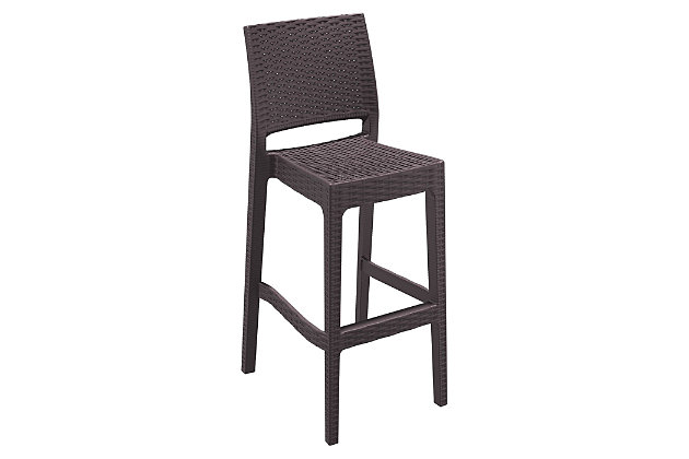 The contemporary cool Jamaica Wickerlook resin bar stool is made of durable weather-resistant resin reinforced with glass fiber. Wickerlook resin is a natural-looking unwoven one-piece furniture technology. Wickerlook patio furniture is made with an open-weave design that resembles traditional woven wicker furniture. Unlike any other woven furniture in the market, though, Wickerlook furniture will never unravel. It's made for commercial durability, with no metal parts to rust and no moving parts to break. With a stackable design, these chairs can be easily stored for additional space. The chair is also UV treated and can withstand outdoor temperatures in the summer and winter. Comes in a set of two.Set of 2 | Made from commercial-grade resin with gas injection molded legs; non-skid rubber caps | Wickerlook resin weave design; not woven, will not unravel | Brown | Resistant to uv, chlorine, salt, stains and suntan oils | Easy to keep clean; maintenance free | Stackable for easy storage | Extremely durable for outdoor temperatures and conditions; perfect for heavy use in any indoor or outdoor areas