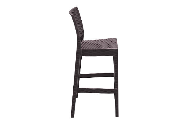 The contemporary cool Jamaica Wickerlook resin bar stool is made of durable weather-resistant resin reinforced with glass fiber. Wickerlook resin is a natural-looking unwoven one-piece furniture technology. Wickerlook patio furniture is made with an open-weave design that resembles traditional woven wicker furniture. Unlike any other woven furniture in the market, though, Wickerlook furniture will never unravel. It's made for commercial durability, with no metal parts to rust and no moving parts to break. With a stackable design, these chairs can be easily stored for additional space. The chair is also UV treated and can withstand outdoor temperatures in the summer and winter. Comes in a set of two.Set of 2 | Made from commercial-grade resin with gas injection molded legs; non-skid rubber caps | Wickerlook resin weave design; not woven, will not unravel | Brown | Resistant to uv, chlorine, salt, stains and suntan oils | Easy to keep clean; maintenance free | Stackable for easy storage | Extremely durable for outdoor temperatures and conditions; perfect for heavy use in any indoor or outdoor areas