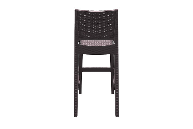 The contemporary cool Jamaica Wickerlook resin bar stool is made of durable weather-resistant resin reinforced with glass fiber. Wickerlook resin is a natural-loo unwoven one-piece furniture technology. Wickerlook patio furniture is made with an open-weave design that resembles traditional woven wicker furniture. Unlike any other woven furniture in the market, though, Wickerlook furniture will never unravel. It's made for commercial durability, with no metal parts to rust and no moving parts to break. With a stackable design, these chairs can be easily stored for additional space. The chair is also UV treated and can withstand outdoor temperatures in the summer and winter. Comes in a set of two.Set of 2 | Made from commercial-grade resin with gas injection molded legs; non-skid rubber caps | Wickerlook resin weave design; not woven, will not unravel | Brown | Resistant to uv, chlorine, salt, stains and suntan oils | Easy to keep clean; maintenance free | Stackable for easy storage | Extremely durable for outdoor temperatures and conditions; perfect for heavy use in any indoor or outdoor areas