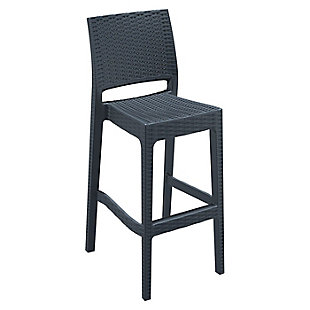 The contemporary cool Jamaica Wickerlook resin bar stool is made of durable weather-resistant resin reinforced with glass fiber. Wickerlook resin is a natural-looking unwoven one-piece furniture technology. Wickerlook patio furniture is made with an open-weave design that resembles traditional woven wicker furniture. Unlike any other woven furniture in the market, though, Wickerlook furniture will never unravel. It's made for commercial durability, with no metal parts to rust and no moving parts to break. With a stackable design, these chairs can be easily stored for additional space. The chair is also UV treated and can withstand outdoor temperatures in the summer and winter. Comes in a set of two.Set of 2 | Made from commercial-grade resin with gas injection molded legs; non-skid rubber caps | Wickerlook resin weave design; not woven, will not unravel | Dark gray | Resistant to uv, chlorine, salt, stains and suntan oils | Easy to keep clean; maintenance free | Stackable for easy storage | Extremely durable for outdoor temperatures and conditions; perfect for heavy use in any indoor or outdoor areas