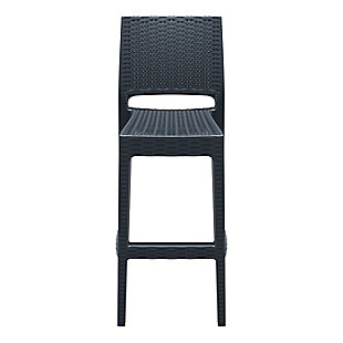 The contemporary cool Jamaica Wickerlook resin bar stool is made of durable weather-resistant resin reinforced with glass fiber. Wickerlook resin is a natural-looking unwoven one-piece furniture technology. Wickerlook patio furniture is made with an open-weave design that resembles traditional woven wicker furniture. Unlike any other woven furniture in the market, though, Wickerlook furniture will never unravel. It's made for commercial durability, with no metal parts to rust and no moving parts to break. With a stackable design, these chairs can be easily stored for additional space. The chair is also UV treated and can withstand outdoor temperatures in the summer and winter. Comes in a set of two.Set of 2 | Made from commercial-grade resin with gas injection molded legs; non-skid rubber caps | Wickerlook resin weave design; not woven, will not unravel | Dark gray | Resistant to uv, chlorine, salt, stains and suntan oils | Easy to keep clean; maintenance free | Stackable for easy storage | Extremely durable for outdoor temperatures and conditions; perfect for heavy use in any indoor or outdoor areas