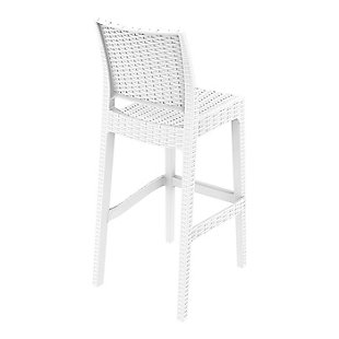 The contemporary cool Jamaica Wickerlook resin bar stool is made of durable weather-resistant resin reinforced with glass fiber. Wickerlook resin is a natural-looking unwoven one-piece furniture technology. Wickerlook patio furniture is made with an open-weave design that resembles traditional woven wicker furniture. Unlike any other woven furniture in the market, though, Wickerlook furniture will never unravel. It's made for commercial durability, with no metal parts to rust and no moving parts to break. With a stackable design, these chairs can be easily stored for additional space. The chair is also UV treated and can withstand outdoor temperatures in the summer and winter. Comes in a set of two.Set of 2 | Made from commercial-grade resin with gas injection molded legs; non-skid rubber caps | Wickerlook resin weave design; not woven, will not unravel | White | Resistant to uv, chlorine, salt, stains and suntan oils | Easy to keep clean; maintenance free | Stackable for easy storage | Extremely durable for outdoor temperatures and conditions; perfect for heavy use in any indoor or outdoor areas