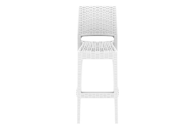 The contemporary cool Jamaica Wickerlook resin bar stool is made of durable weather-resistant resin reinforced with glass fiber. Wickerlook resin is a natural-looking unwoven one-piece furniture technology. Wickerlook patio furniture is made with an open-weave design that resembles traditional woven wicker furniture. Unlike any other woven furniture in the market, though, Wickerlook furniture will never unravel. It's made for commercial durability, with no metal parts to rust and no moving parts to break. With a stackable design, these chairs can be easily stored for additional space. The chair is also UV treated and can withstand outdoor temperatures in the summer and winter. Comes in a set of two.Set of 2 | Made from commercial-grade resin with gas injection molded legs; non-skid rubber caps | Wickerlook resin weave design; not woven, will not unravel | White | Resistant to uv, chlorine, salt, stains and suntan oils | Easy to keep clean; maintenance free | Stackable for easy storage | Extremely durable for outdoor temperatures and conditions; perfect for heavy use in any indoor or outdoor areas