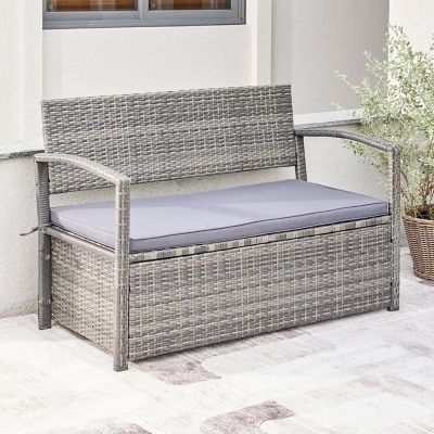 Vifah Outdoor All-weather Resin Wicker Lounge Patio Sofa Storage Bench with Cushion, , rollover
