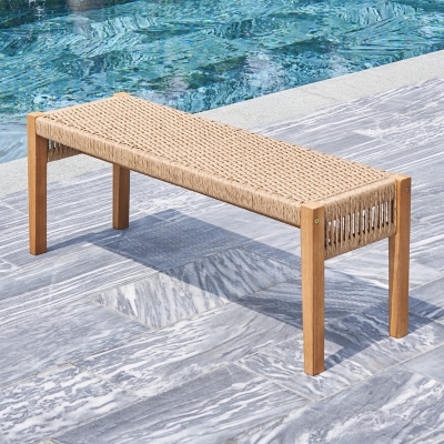 Vifah Outdoor Two Seater Patio Acacia Wood Mixed Strapped Rattan Garden Bench Ashley Furniture Homestore