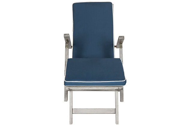Inspired by ocean liner deck chairs, this inviting outdoor lounge exudes classic elegance.  Crafted of sustainable acacia wood to withstand outdoor elements, this comfy lounge comes with an all weather cushion in navy blue with nautical white piping.Metal type: galvanized steel | Finish surface treatment: washing | Weight capacity: 300 | Seat width: 19.5 | Seat depth: 24.8 | Seat height: 13