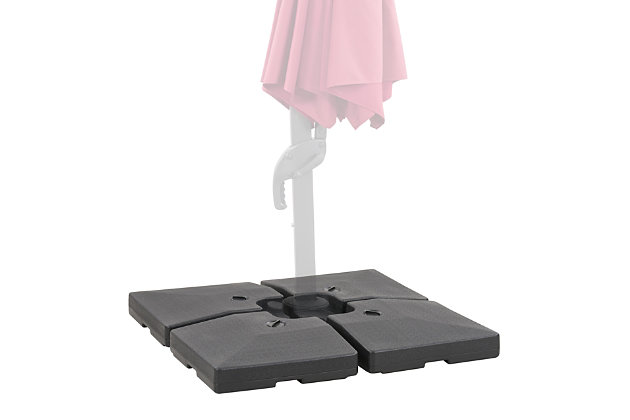 Support your deluxe patio umbrella with this heavy duty umbrella base made up of four durable, individual weights. Designed to withstand strong winds, this base supports heavy offset and articulating umbrellas with cross-bases and/or pedals such as the CorLiving PPU-400 or 500 series. Simply fill these strong weights with the easy-fill spouts place them on the base of your umbrella to keep in place. With minimal assembly required, you'll be worry-free and enjoying your outdoor space in a matter of minutes.Universal design is compatible with CorLiving PPU-400 or 500 offset cross-base umbrella series, or any cross-base umbrella design | Lift handles under each weight make lifting and transporting easy | Base is designed with clearance to accommodate umbrellas with foot pedals | Minimal assembly required - just fill and place on the base of your umbrella | Each piece holds 18L and weighs 47lbs/21kg with water, or 61lbs/27.5kg with sand when filled completely