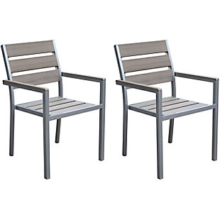 Relax in style with these comfortable dining chairs from CorLiving. The sleek lines and powder coated aluminum frame of the PJR-571-C chair create an elegant look, while the wide slat surface offers a comfortable seat. Constructed from durable engineered polymer material, these chairs have the appearance of bleached wood without the necessary upkeep and are UV resistant which prevents discoloration. This 2pc set is expertly constructed to withstand a range of climates.Highly durable engineered polymer material prevents discoloration and withstands exposure to the elements | Low maintenance design is easy to clean | Matching table sold separately | No assembly required | Sold as a set of 2