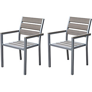 Relax in style with these comfortable dining chairs from CorLiving. The sleek lines and powder coated aluminum frame of the PJR-571-C chair create an elegant look, while the wide slat surface offers a comfortable seat. Constructed from durable engineered polymer material, these chairs have the appearance of bleached wood without the necessary upkeep and are UV resistant which prevents discoloration. This 2pc set is expertly constructed to withstand a range of climates.Highly durable engineered polymer material prevents discoloration and withstands exposure to the elements | Low maintenance design is easy to clean | Matching table sold separately | No assembly required | Sold as a set of 2