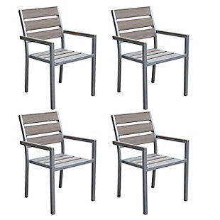 Relax in style with these comfortable dining chairs from CorLiving. The sleek lines and powder coated aluminum frame of the PJR-572-C chair create an elegant look, while the wide slat surface offers a comfortable seat. Constructed from durable engineered polymer material, these chairs have the appearance of bleached wood without the necessary upkeep and are UV resistant which prevents discoloration. This 4pc set is expertly constructed to withstand a range of climates.Highly durable engineered polymer material prevents discoloration and withstands exposure to the elements | Low maintenance design is easy to clean | Matching table sold separately | No assembly required | Sold as a set of 4
