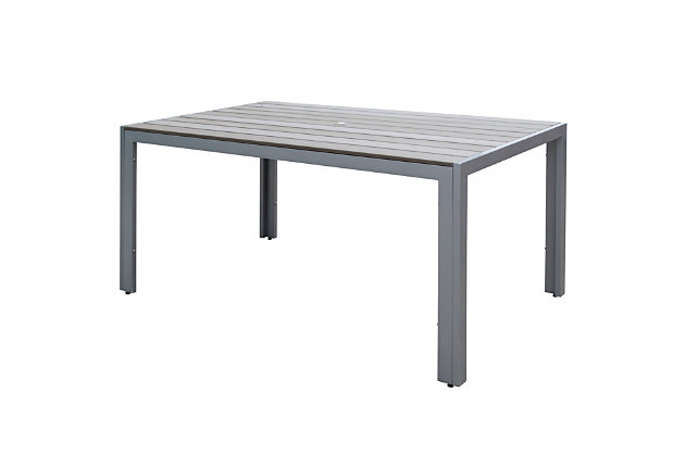Relax in style with this outdoor dining table from CorLiving. The sleek lines and powder coated aluminum frame of the PJR-572-T create an elegant look for your outdoor patio space. The wide slat table top is constructed from durable engineered polymer material which gives this table the appearance of bleached wood without the necessary upkeep and is UV resistant which prevents discoloration. This table is expertly constructed to withstand a range of climates.Highly durable engineered polymer material prevents discoloration and withstands exposure to the elements | Low maintenance design is easy to clean | Accommodates up to 1.5” diameter umbrella pole | Matching chairs sold separately in sets of two (PJR-571-C) or four (PJR-572-C) | Easy to assemble