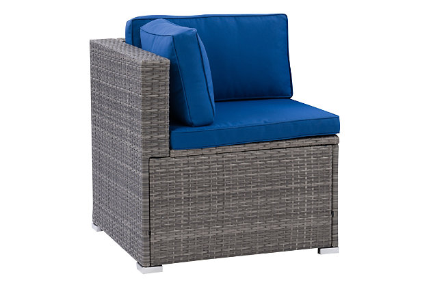 Looking for that finishing piece to your outdoor sectional? This corner chair checks all your boxes.  Its powder-coated steel frame helps resist rust and its all-weather, UV resistant resin wicker maintains a bright and fresh appearance year after year. Finished off with plush cushions to provide all the comfort you would want from your outdoor set.Made with galvanized powder coated steel for durability | Made using Weather rated PVC for long lasting enjoyment | Fastening clips included to prevent shifting or moving | Cushions are easily removable for storage | Metal capped feet for a stylish finish | Galvanized powder coated steel helps resist rust