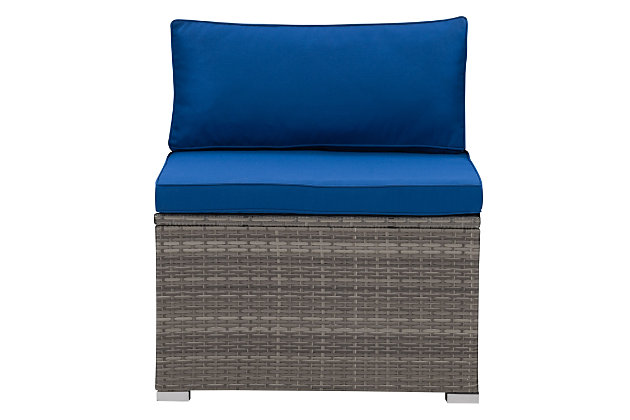 A great addition to any backyard set or as a standalone, this armless chair provides comfort, classic lines and is easily interchangeable for any layout. Comfortable and durable, its UV resistant resin wicker maintains a bright and fresh appearance year after year. With plush cushions and a sturdy backrest, it's the perfect seat for summer months.Made with galvanized powder coated steel for durability | Made using Weather rated PVC for long lasting enjoyment | Fastening clips included to prevent shifting or moving | Cushions are easily removable for storage | Metal capped feet for a stylish finish | Galvanized powder coated steel helps resist rust