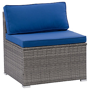 A great addition to any backyard set or as a standalone, this armless chair provides comfort, classic lines and is easily interchangeable for any layout. Comfortable and durable, its UV resistant resin wicker maintains a bright and fresh appearance year after year. With plush cushions and a sturdy backrest, it's the perfect seat for summer months.Made with galvanized powder coated steel for durability | Made using Weather rated PVC for long lasting enjoyment | Fastening clips included to prevent shifting or moving | Cushions are easily removable for storage | Metal capped feet for a stylish finish | Galvanized powder coated steel helps resist rust