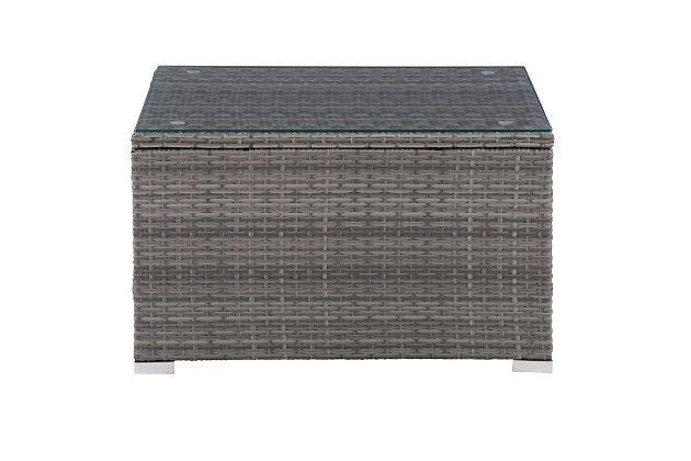 Use it as a footrest, put out a spread for guests or simply hold your cold beverage on this multi-faceted coffee table. Stylish and functional, its tempered glass with suction grips, makes sliding a thing of the past while its UV resistant resin wicker maintains a bright and fresh appearance year after year. This piece will complete any patio set and its durable, powder-coated steel frame will stand up against rain or shine.Made with galvanized powder coated steel for durability | Made using Weather rated PVC for long lasting enjoyment | 5mm inset clear tempered safety glass table top with suction grips to keep glass in place | Metal capped feet for a stylish finish | Galvanized powder coated steel helps resist rust | Low maintenance
