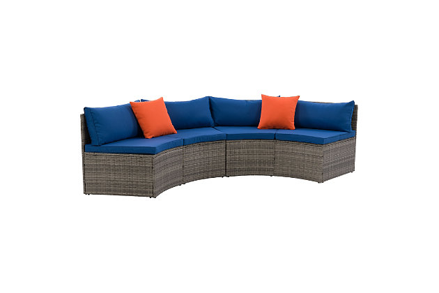 Communal gatherings start here. This gently curved bench is versatile and adaptable, great for decks, patios, and terraces; keep together or split apart for different seating formations. Comfortable and durable, its UV resistant resin wicker maintains a bright and fresh appearance year after year. Add its corresponding round table to make this a complete set, built for socializing.Made with galvanized powder coated steel for durability | Made using Weather rated PVC for long lasting enjoyment | Fastening clips included to prevent shifting or moving | Cushions are easily removable for storage | Low Maintence | Galvanized powder coated steel helps resist rust