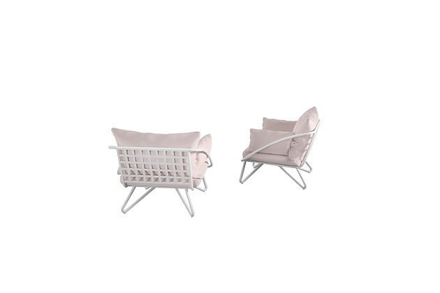 Teddi loves to gossip with friends and family in front of a bowl of guacamole and a pitcher of margaritas. The Teddi outdoor lounge chair set by Novogratz is the focal point of any outdoor space with its comfortable cushions, mid-century curves and modern disposition.Made with polyester and steel | Set of 2 lounge chairs | 2 rain covers included to snugly fit around each piece | Assembly required
