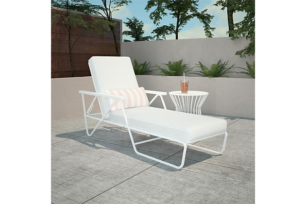 Connie loves wide-brimmed hats and drinking champagne poolside. You won't find a more easygoing lounge chair than the Connie outdoor chaise lounge by Novogratz, with its relaxed angle and comfortable seat cushion to maximize any chill time. Made with polyester and steel | Rain cover included | Assembly required