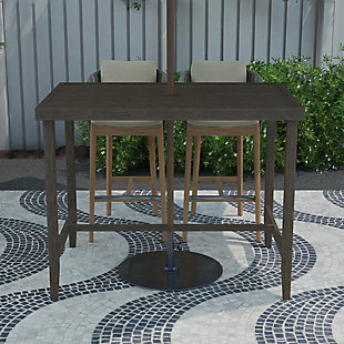 COSCO Outdoor Living's Villa Park collection patio bar table is designed with a weather-resistant steel frame and hand-painted with a faux wood finish. The high-top table has a slatted steel surface, a standard-size umbrella hole on the table top, and a bottom cross rail for additional stability. It's designed for comfortably arranging 2 stools (sold separately) on the sides.Cosco’s outdoor living villa park collection features a contemporary, hand-painted, faux wood finish on a weather-resistant steel frame | Table has a slatted steel surface; features 1.75" diameter umbrella hole on tabletop and bottom cross rail for additional stability (umbrella not included) | Assembly required