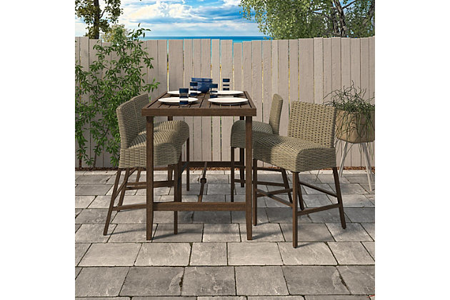 COSCO Outdoor Living's Villa Park collection patio bar table is designed with a weather-resistant steel frame and hand-painted with a faux wood finish. The high-top table has a slatted steel surface, a standard-size umbrella hole on the table top, and a bottom cross rail for additional stability. It's designed for comfortably arranging 2 stools (sold separately) on the sides.Cosco’s outdoor living villa park collection features a contemporary, hand-painted, faux wood finish on a weather-resistant steel frame | Table has a slatted steel surface; features 1.75" diameter umbrella hole on tabletop and bottom cross rail for additional stability (umbrella not included) | Assembly required