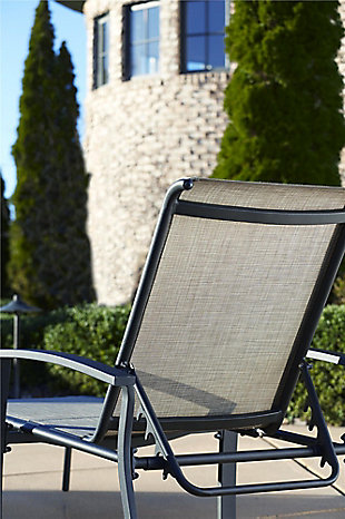 COSCO Outdoor Living's Serene Ridge chaise lounger set is ideal for those muggy days of summer. These loungers with armrests are constructed with a heavy-duty powdercoated aluminum frame, and are wrapped in a weather-resistant and breathable mesh. Both the frame and the fabric are durable and will last while being easy to clean and maintain. The seat back adjusts easily to recline in multiple lounge positions.Set of 2 | Made with durable, weather-resistant olefin fabric; lightweight powdercoated aluminum frames | Multiple adjustable lounging positions | Assembly required