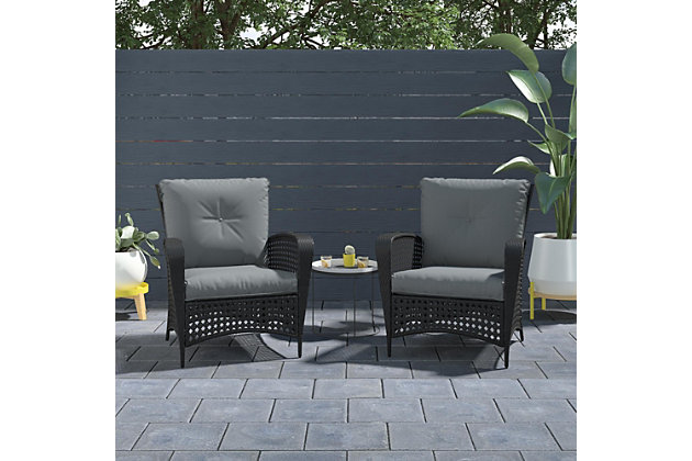 Create a personal paradise right in your own backyard. COSCO Outdoor Living's Lakewood Ranch woven wicker chair set is so relaxing you'll never want to leave. A black and charcoal color scheme is sure to match your current patio furniture and home, creating a seamless transition between indoor and outdoor living. Constructed with a strong steel frame for extra support and durability, the chairs are wrapped in a resilient woven resin wicker design. Plush gray seats and back cushions provide comfort and style. All materials are weather-resistant and easy to clean.Set of 2 | Chairs feature sturdy powdercoated steel frame wrapped in weather-resistant black resin rattan wicker | Classic and stylish cane pattern in open weave highlights contrast of black and gray colors | Soft seat and back cushions with gray woven olefin fabric provide comfort and style | Assembly required
