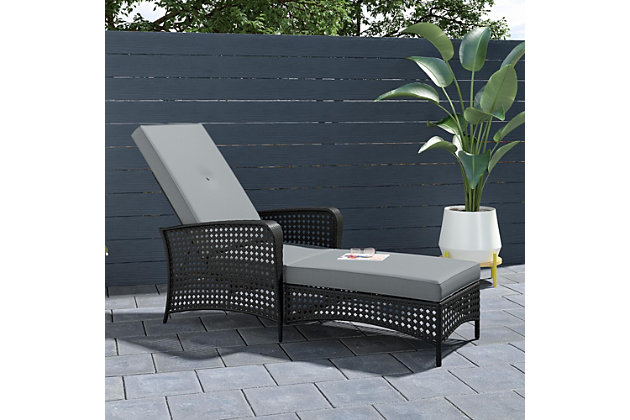 Give yourself permission to relax. COSCO Outdoor Living's Lakewood Ranch chaise lounge is constructed with a strong steel frame and wrapped in a resilient woven design for extra support and durability. The plush seat and back cushions are covered in a woven, breathable fabric. Both the frame and the fabric are made to last while being easy to clean and maintain. The seat back adjusts easily to recline in multiple lounge positions.Powdercoated steel frame wrapped in weather-resistant black resin rattan wicker | Cane pattern in open weave highlights contrast of black and gray colors | 5-position adjustable folding back | Assembly required