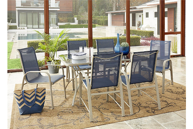 Grab the COSCO Outdoor Living Paloma steel dining table to share an outdoor meal with friends and family. Featuring a classic design with sand hues, this table will bring style to your outdoor furniture decor. The tempered glass top is large and includes an umbrella opening for those bright, sunny days (umbrella not included). The tabletop offers plenty of space for all your table accompaniments.Strong tempered glass tabletop and weather-resistant powdercoated steel frame | Easy to clean | Assembly required