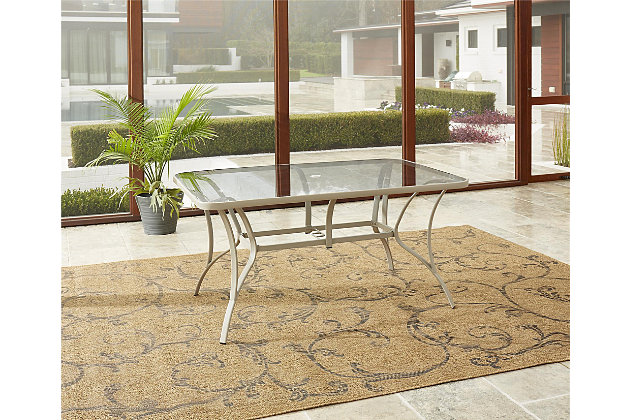 Grab the COSCO Outdoor Living Paloma steel dining table to share an outdoor meal with friends and family. Featuring a classic design with sand hues, this table will bring style to your outdoor furniture decor. The tempered glass top is large and includes an umbrella opening for those bright, sunny days (umbrella not included). The tabletop offers plenty of space for all your table accompaniments.Strong tempered glass tabletop and weather-resistant powdercoated steel frame | Easy to clean | Assembly required