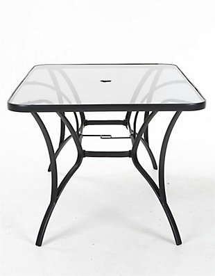 Grab the COSCO Outdoor Living Paloma steel dining table to share an outdoor meal with friends and family. Featuring a classic design with charcoal gray hues, this table will bring style to your outdoor furniture decor. The tempered glass top is large and includes an umbrella opening for those bright, sunny days (umbrella not included). The tabletop offers plenty of space for all your table accompaniments.Strong tempered glass tabletop and weather-resistant powdercoated steel frame | Easy to clean | Assembly required