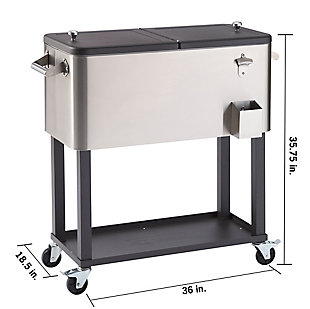 Entertain in style with an 80 quart/20 gallon/96 aluminum can capacity cooler. This sleek stainless steel cooler/ice cart is especially convenient with its raised design and wheels, as well as with the bottle opener and cap catcher. The bottom shelf also provides extra storage space allowing easy refills, or anything else that needs to be carted outside.High quality 304 grade stainless steel | 80 quart/20 gallon/96 aluminum can capacity | Sleek dark bronze speckled finish on the lid, shelf and legs | Attached bottle opener and cap catcher | Steel bottom shelf for additional storage | Weight capacity on wheels (evenly distributed): 75 lb bottom shelf / 225 lb total weight | (4) - 3" x 1" swivel wheels - (2) locking, (2) non-locking | Includes drainage plug for easy care | Two-sided easy access lid