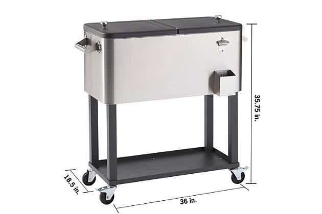 Entertain in style with an 80 quart/20 gallon/96 aluminum can capacity cooler. This sleek stainless steel cooler/ice cart is especially convenient with its raised design and wheels, as well as with the bottle opener and cap catcher. The bottom shelf also provides extra storage space allowing easy refills, or anything else that needs to be carted outside.High quality 304 grade stainless steel | 80 quart/20 gallon/96 aluminum can capacity | Sleek dark bronze speckled finish on the lid, shelf and legs | Attached bottle opener and cap catcher | Steel bottom shelf for additional storage | Weight capacity on wheels (evenly distributed): 75 lb bottom shelf / 225 lb total weight | (4) - 3" x 1" swivel wheels - (2) locking, (2) non-locking | Includes drainage plug for easy care | Two-sided easy access lid
