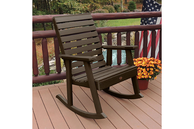 Welcome to highwood®. Welcome to relaxation. We are proud to offer the wood-replacement material of choice, as used in America’s largest theme parks, coastal resorts and hot-tub cabinets…now available for your own backyard. Add a contemporary flair to your front porch or patio. This rocking chair embodies the sleek styling the Weatherly Collection is known for. Although bold and modern, this rocker does not lack in welcoming comfort. Find yourself comfortably cradled and lulled into a peaceful, tranquil state. The smooth, gentle rock of the chair gives new meaning to the expression, “rock on.” The proprietary Highwood high-grade poly lumber used in this product offers the most realistic look of natural wood WITHOUT the headaches of maintaining or replacing every few seasons. Simply wash your highwood® furniture to remove any dirt or grime. Explore the entire line of highwood® products to coordinate other beautiful, durable products that will make your outdoor living space the envy of the neighborhood. Still not sure? Request a free product swatch so you can view the color and composition in person. This product is assembled with 304-grade stainless steel hardware and comes with the assurance of a manufacturer’s 12-year residential limited warranty. The rocking chair has been load-tested, per ASTM 1561-03 (2008) standard for Outdoor plastic furniture, and has a 500-pound weight capacity. Some assembly is required (see assembly guide) and assembled chair is 27.3"W x 41"H x 27"D (33lbs).100% Made in the USA - backed by US warranty and support | Weatherproof - leave outside year-round.  Will not crack, peel or rot when exposed to the elements | No sanding, staining, or painting - yet it looks like real wood | Durable material - assembled with 304-grade stainless steel hardware | Some assembly is required - assembled chair is 27.3"W x 41"H x 27"D (33lbs)