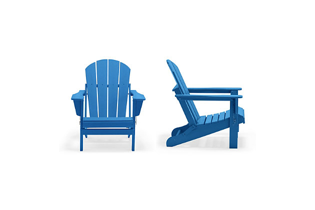 Lend a fun pop of color and style to your outdoor area with this charming Adirondack chair set. Durable recycled poly material resists splits, cracks, rot, and peeling for a lasting and attractive element you are sure to appreciate. Slatted detailing on the seats and arched backs and waterfall fronts make for more comfortable seating for you and guests to enjoy.Set of 2 folding adirondack chairs | Solid, heavy duty construction for long lasting usage | Made with sturdy recycled plastic and eco-friendly materials for long lasting usage. | Uv and fade resistant for all weather conditions | Easy to clean and requires minimal maintenance. | Hardware included