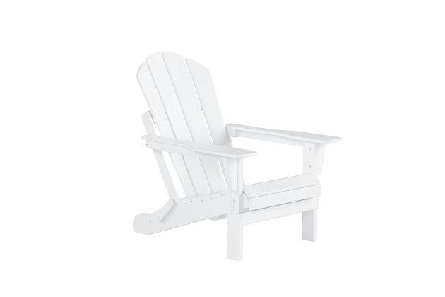 Lend a fun pop of color and style to your outdoor area with this charming Adirondack chair set. Durable recycled poly material resists splits, cracks, rot, and peeling for a lasting and attractive element you are sure to appreciate. Slatted detailing on the seats and arched backs and waterfall fronts make for more comfortable seating for you and guests to enjoy.Set of 2 folding adirondack chairs | Solid, heavy duty construction for long lasting usage | Made with sturdy recycled plastic and eco-friendly materials for long lasting usage. | Uv and fade resistant for all weather conditions | Easy to clean and requires minimal maintenance. | Hardware included