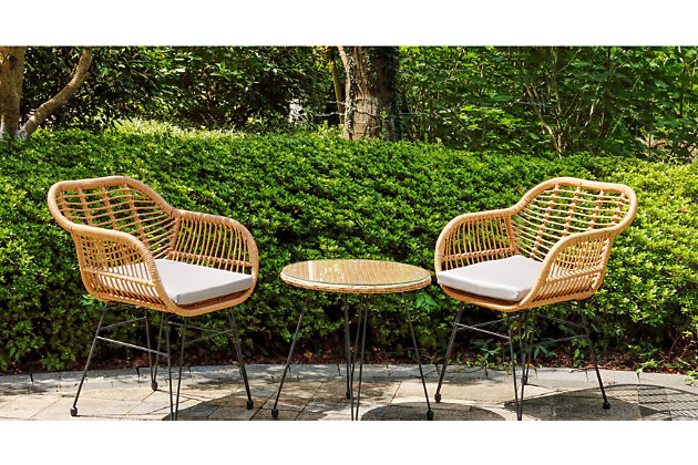 The Luton 3-piece outdoor bistro set is the perfect companion to any special occasion you may be hosting. This set is crafted from highly durable, long lasting material. This set includes two club chairs and a side table, and is suitable for any kind of weather. The chairs' hairpin legs and retro inspired silhouettes are given a fresh, modern touch with woven rattan and soft cushions, and the glass topped end table is perfect for appetizers or drinks.Set includes: 2 club chairs and end table | Frame made with rattan wicker and steel | Plush high-density seat cushion made of polyester with soft polyfill | Tempered glass side table | Assembly required