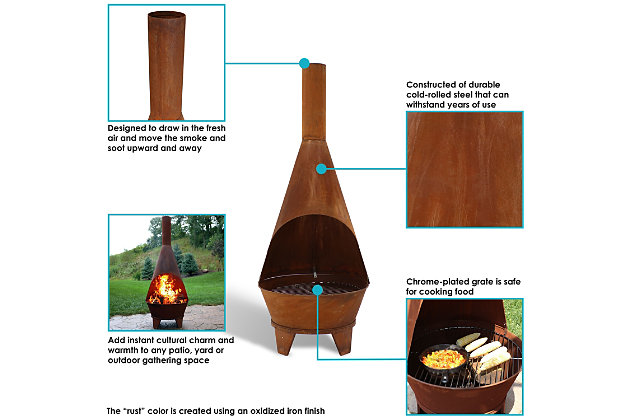 This outdoor wood-burning chiminea fire pit will add instant cultural charm and warmth to any patio, yard or outdoor gathering space. A chiminea's design draws fresh air into the fire by moving the smoke and soot of a fire away from those present. Therefore, the fire burns hotter and cleaner. The smaller 30" diameter and partially-enclosed design makes this chiminea safe for use in smaller outdoor spaces. However, it is recommended to take the same safety precautions that are taken while using a fire pit.LARGE CHIMENEA FIREPIT SIZE: 30-inch diameter x 75 inches tall; weighs 50 pounds; Sits 6.25 inches off the ground; four legs: 6.25 inches tall x 8 inches wide x 0.75 inches thick; Wood opening: 29 inches wide x 15 inches deep x 20 inches tall; flue: 6 inches | STURDY, HEAVY-DUTY LONG-LASTING CONSTRUCTION: Durable 3mm thick cold-rolled steel construction with rustic oxidized finish;An authentic rust patina gives this product its antique look. This unique finish is formed when metal is exposed to water and oxygen | EASY TO PUT TOGETHER:  Includes 1 chiminea fire place that works well on any patio, terrace or outdoor gathering space as well as 1 wood grate | WOOD-BURNING AND EASY TO USE KIT:  Simply add firewood and light it to the stove and light it up | WORRY-FREE PURCHASING: Sunnydaze Decor backs its firepits with a 1-year manufacturer's warranty for worry-free purchasing
