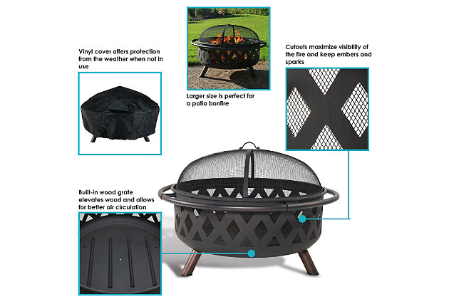 This outdoor, wood burning fire pit design provides ample of room for the perfect size fire and is easy to tend and clean. The overall fire pit rim to rim is 36" diameter with a large 31" diameter bowl and 11" deep is accented with a decorative crossweave pattern. Includes a free cover and fire pit tool. This is a wood burning fire pit and with all fire pits, is not designed to burn on a deck unless a fire proof pad is used. Enjoy this sturdy steel fire pit with the decorative design in any backyard or patio today.LARGE SIZE: Perfect to fit many people around for a bonfire on the patio, yard or garden; Overall 36 inch diameter x 24 inches high x 11 inches deep; Outdoor fire pit is 16 inches tall without spark screen and has a 31 inch inner diameter, weighs 29 pounds | HEAVY DUTY DESIGN AND RUST RESISTANT: Deep metal firepit is made from durable 1.7mm gauge steel and finished with black high temperature paint for long lasting quality and resistance to rust; Portable function allows the fireplace to be moved anywhere and | FULL SET INCLUDED: Fire bowl set includes metal spark screen for added safety from flying sparks, top quality waterproof and weather resistant round cover, built-in wood burning grate for better air flow, and poker tool to easily control the flame | EASY TO SET UP: Quick and easy assembly allows this fire pit to be assembled in no time; Simply attach the 3 legs and outer rim and you are ready to create cozy memories in the backyard or while camping | 1 YEAR WARRANTY: Sunnydaze Decor backs its products with a 1-year manufacturer's warranty for worry-free purchasing