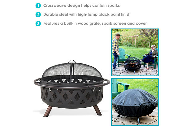 This outdoor, wood burning fire pit design provides ample of room for the perfect size fire and is easy to tend and clean. The overall fire pit rim to rim is 36" diameter with a large 31" diameter bowl and 11" deep is accented with a decorative crossweave pattern. Includes a free cover and fire pit tool. This is a wood burning fire pit and with all fire pits, is not designed to burn on a deck unless a fire proof pad is used. Enjoy this sturdy steel fire pit with the decorative design in any backyard or patio today.LARGE SIZE: Perfect to fit many people around for a bonfire on the patio, yard or garden; Overall 36 inch diameter x 24 inches high x 11 inches deep; Outdoor fire pit is 16 inches tall without spark screen and has a 31 inch inner diameter, weighs 29 pounds | HEAVY DUTY DESIGN AND RUST RESISTANT: Deep metal firepit is made from durable 1.7mm gauge steel and finished with black high temperature paint for long lasting quality and resistance to rust; Portable function allows the fireplace to be moved anywhere and | FULL SET INCLUDED: Fire bowl set includes metal spark screen for added safety from flying sparks, top quality waterproof and weather resistant round cover, built-in wood burning grate for better air flow, and poker tool to easily control the flame | EASY TO SET UP: Quick and easy assembly allows this fire pit to be assembled in no time; Simply attach the 3 legs and outer rim and you are ready to create cozy memories in the backyard or while camping | 1 YEAR WARRANTY: Sunnydaze Decor backs its products with a 1-year manufacturer's warranty for worry-free purchasing