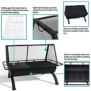 This unique, rectangular "Northland Grill" outdoor fire pit -- a caged wood- or charcoal-burning grill -- with a trapezoidal metal mesh topper is among our best sellers. It incorporates a cooking grate that makes it ideal for BBQ areas on patios and in back yards. The appliance is formed of solid steel and durably finished in black for a contemporary look. A hinged access door in the side of the mesh topper provides easy access to burning logs and the grilling surface, and a tubular metal rail encircles the brazier, making it easy to lift and move. An ideal outdoor fireplace for patios and yards, this unit comes with a grilling grate, a multi-purpose poker tool, and a durable fitted vinyl cover.LARGE SIZE: Perfect to fit many people around for a bonfire in the patio, yard or garden; Overall 36 inches long x 27 inches wide x 25 inches tall, weighs 30 pounds; Grate dimensions: 19.5" L x 11.75" W | PERFECT FOR BBQ COOKING: Fire pit grill works great for barbecue cookouts out on the lawn; Fireplace has a hinged door on the mesh screen to easily access burning logs, the grilling grate, or to add firewood; Tubular metal rail encircles the brazier | HEAVY DUTY AND RUST RESISTANT: Firepit is made from durable thick steel construction and features a black high temperature paint finish for resistance to heat and rust; Fits any outside decor theme so you can light up the night in the backyard | FULL GRILL SET INCLUDED: Includes durable rectangular chrome cooking grate for serving food, spark screen for added safety from flying sparks, poker tool to easily control the flame, and top quality waterproof/weather resistant cover | 1 YEAR WARRANTY: Sunnydaze Decor backs its products with a 1-year manufacturer's warranty for worry-free purchasing