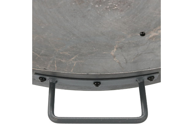 The cast iron fire pit bowl is fit for any backyard or cabin. The fire pit bowl is made from durable cast iron with a steel colored finish. This process gives the fire pit bowl a look that is both classic and charming. The handles and overall design of the fire pit bowl makes it look like it came straight from the old west.LARGE SIZE: Perfect to fit many people around for a bonfire in the patio, yard, deck, porch, lawn, or garden; Overall 16 inch tall x 9 inch deep x 34 inch diameter fire bowl, weighs 35 pounds; Handle to handle measures 39 inches wide | HEAVY DUTY DESIGN: Fireplace is made from durable thick steel colored cast iron material for a country-rustic traditional style that complements any outside decor style; Portable function and convenient handles allow the outdoor fire pit to be moved anywhere | CREATE COZY MEMORIES: Wood burning fire pit can be used at the campground, BBQ cooking party, or any other type of special event; Great for all four seasons and is built to last for years to come | EASY TO ASSEMBLE: Quick and easy assembly allows this fire pit to be assembled in no time; Simply attach the 3 legs and handles and you are ready to light up the night at the campground | 1 YEAR WARRANTY: Sunnydaze Decor backs its products with a 1-year manufacturer's warranty for worry-free purchasing