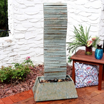 Sunnydaze 49" Outdoor Spiraling Slate Water Fountain with LED, , large
